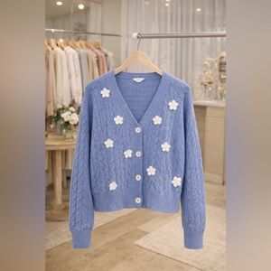 Chic Blue Cardigan with Floral Details Womens S